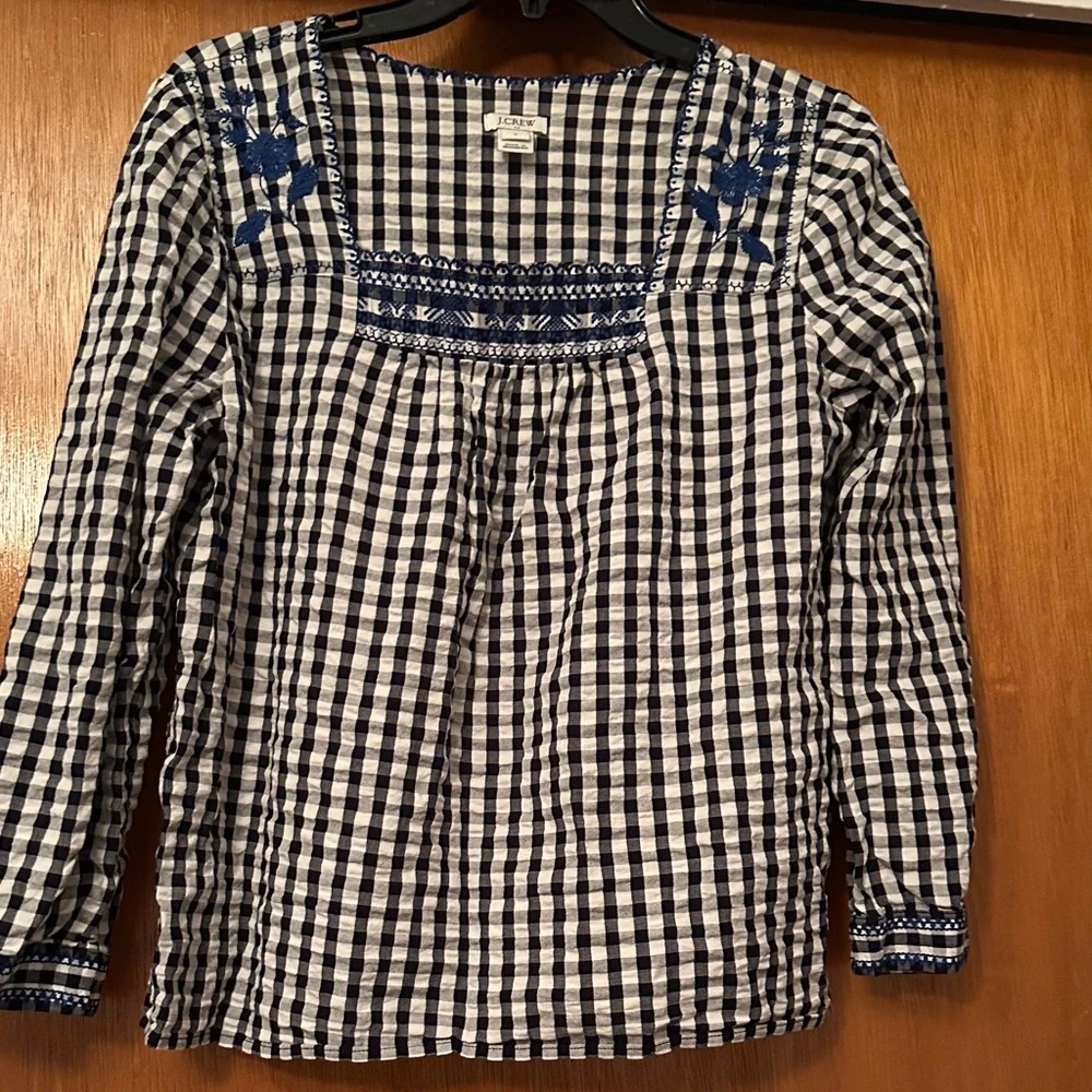 J. Crew Navy and White Checkered Blouse with Embroidery - Preloved
